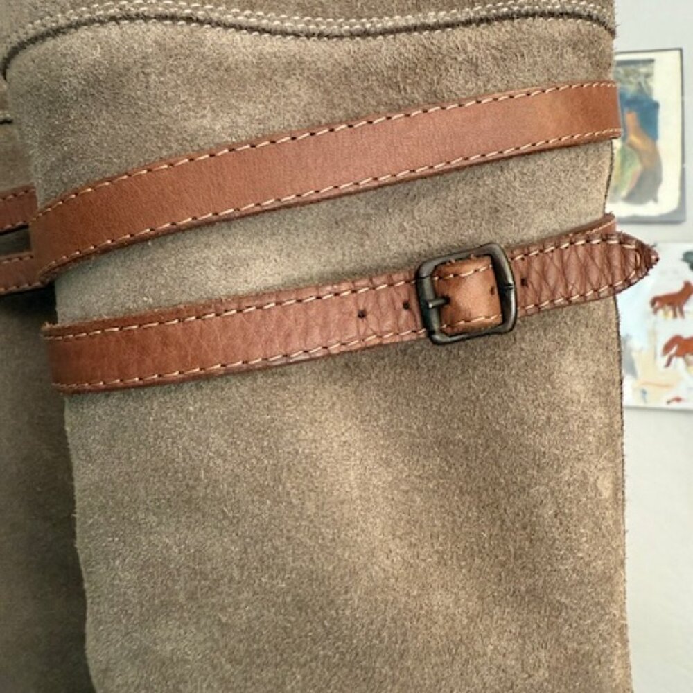 Frye Jane Tall Suede Strappy Harness Boots Women’s 7 Beige/Taupe Slouchy Western - Picture 4 of 16